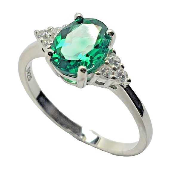 Sterling Silver Ring 925 Cubic Zirconia Size 7 Emerald Green & Clear CZ - Picture 1 of 13